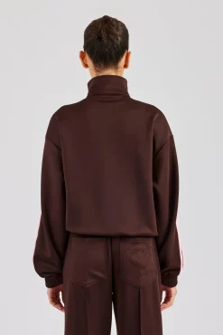 Women CLO-TOP-OUT Funnel Neck Pink Taping Zip Through Track Jacket - Chocolate