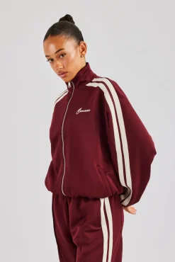Women CLO-TOP-OUT Funnel Neck Taping Zip Through Track Jacket - Burgundy