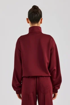 Women CLO-TOP-OUT Funnel Neck Taping Zip Through Track Jacket - Burgundy