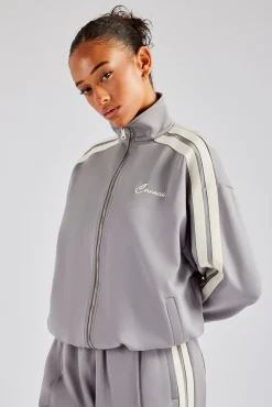 Women CLO-TOP-OUT Funnel Neck Taping Zip Through Track Jacket - Grey
