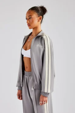 Women CLO-TOP-OUT Funnel Neck Taping Zip Through Track Jacket - Grey