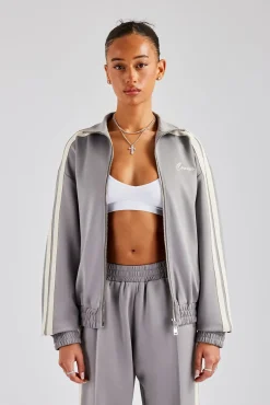 Women CLO-TOP-OUT Funnel Neck Taping Zip Through Track Jacket - Grey