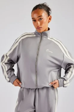 Women CLO-TOP-OUT Funnel Neck Taping Zip Through Track Jacket - Grey