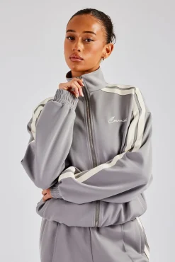Women CLO-TOP-OUT Funnel Neck Taping Zip Through Track Jacket - Grey