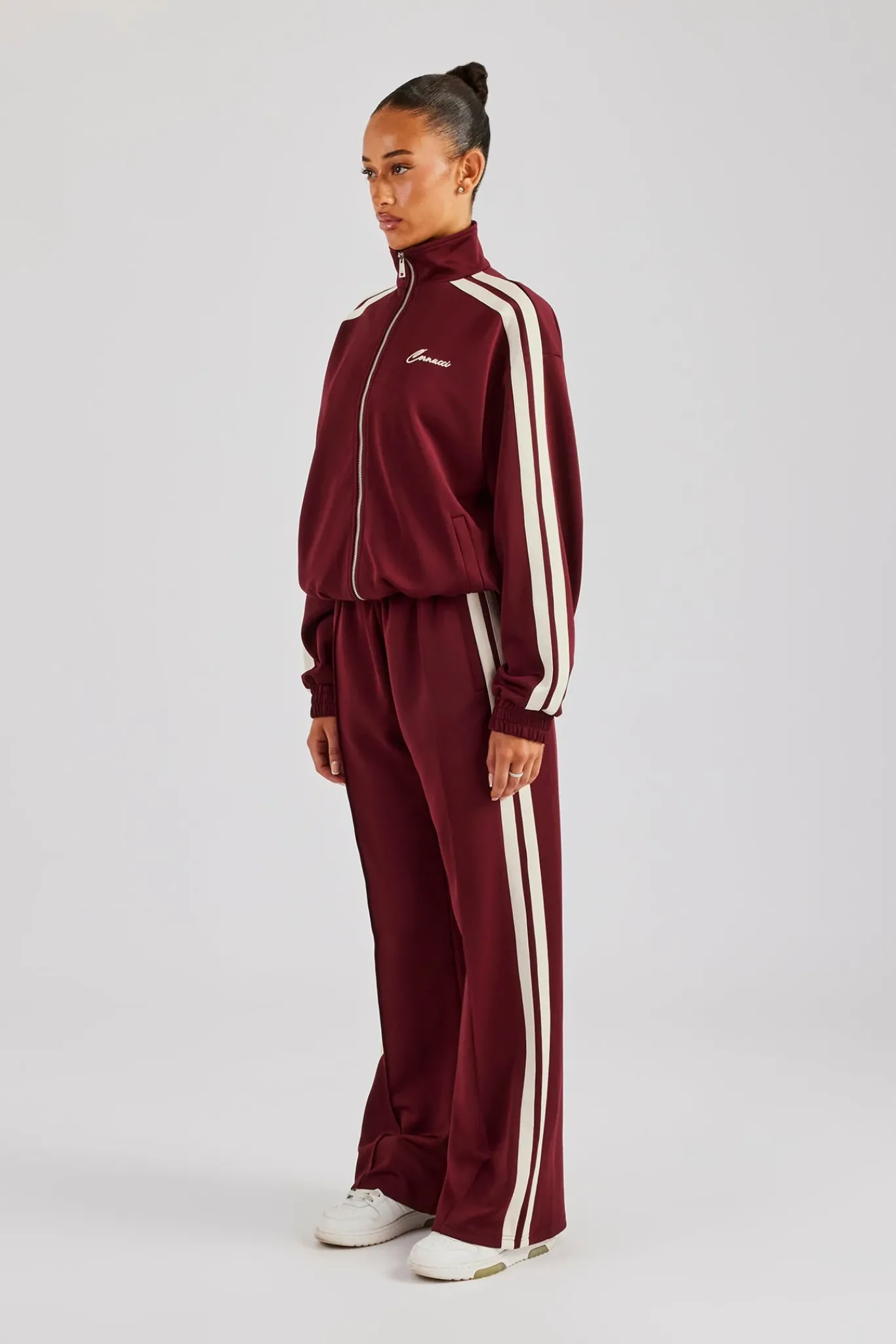 Women CLO-SET Funnel Neck Taping Zip Through Tracksuit - Burgundy