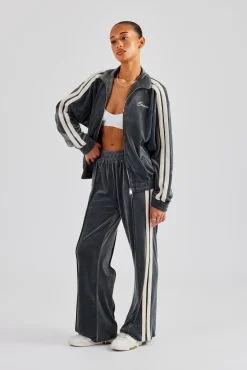 Women CLO-SET Funnel Neck Taping Zip Through Velour Tracksuit - Grey