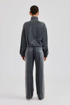 Women CLO-SET Funnel Neck Taping Zip Through Velour Tracksuit - Grey