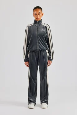 Women CLO-SET Funnel Neck Taping Zip Through Velour Tracksuit - Grey