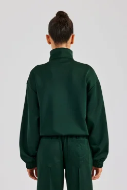 Women CLO-TOP-OUT Funnel Neck Taping Zip Through Track Jacket - Bottle Green
