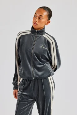 Women CLO-TOP-OUT Funnel Neck Taping Zip Through Velour Track Jacket - Grey