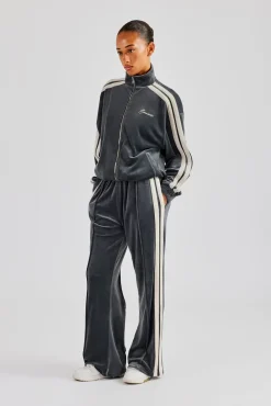 Women CLO-TOP-OUT Funnel Neck Taping Zip Through Velour Track Jacket - Grey