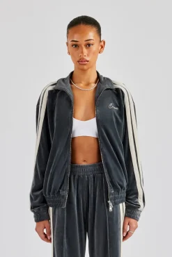 Women CLO-TOP-OUT Funnel Neck Taping Zip Through Velour Track Jacket - Grey
