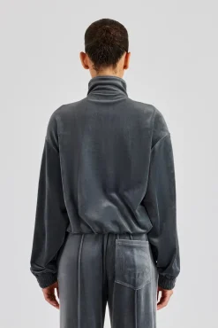 Women CLO-TOP-OUT Funnel Neck Taping Zip Through Velour Track Jacket - Grey