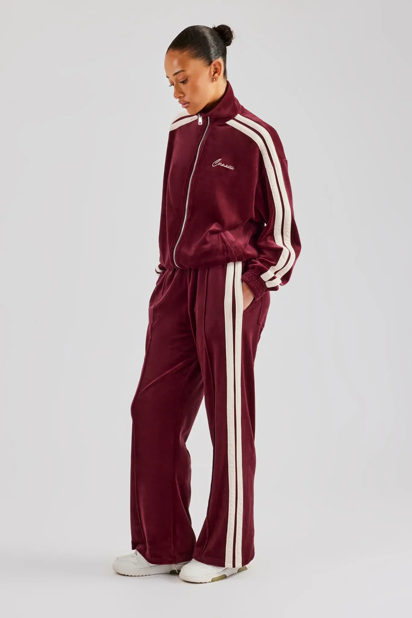 Women CLO-SET Funnel Neck Taping Zip Through Velour Tracksuit - Burgundy