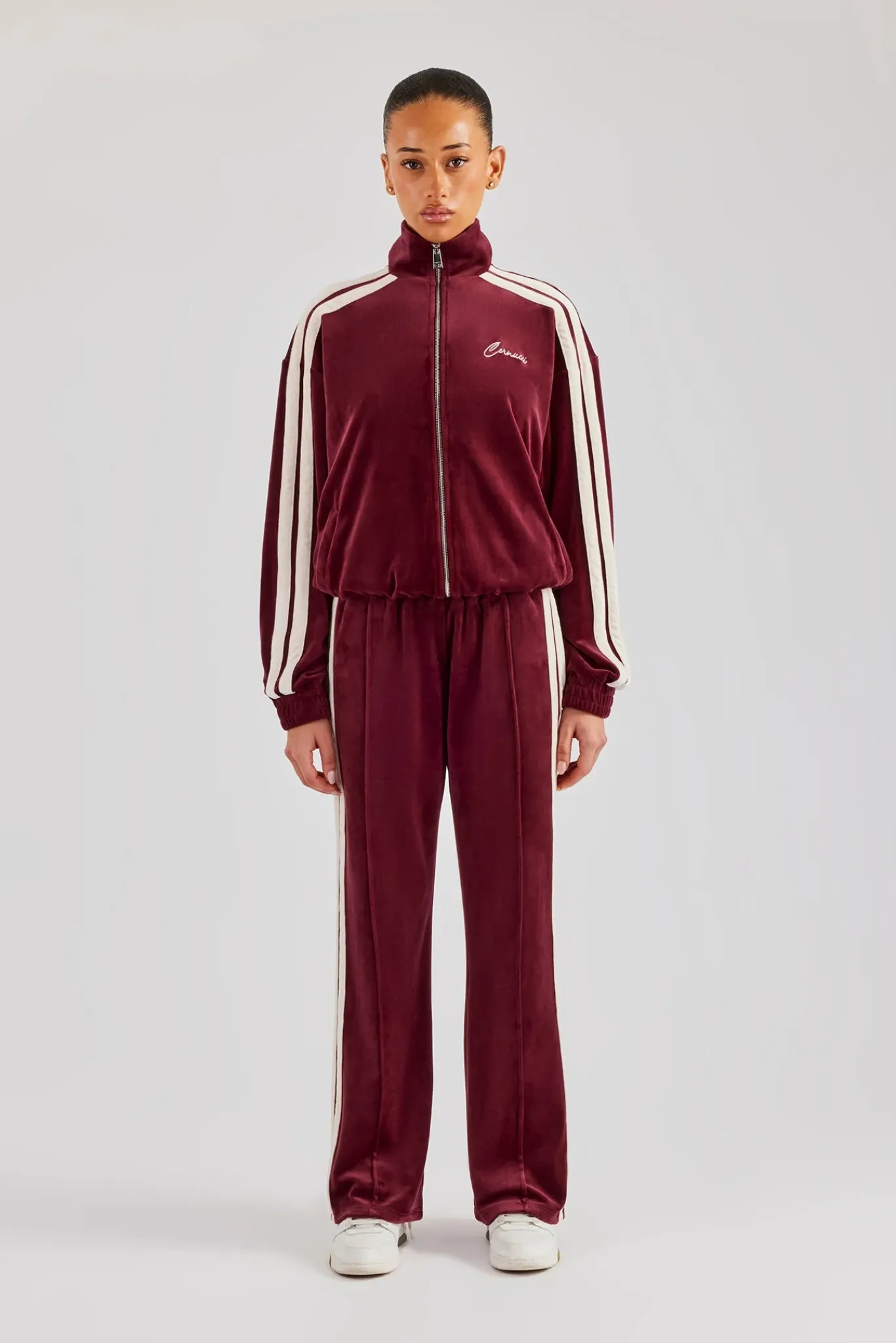 Women CLO-SET Funnel Neck Taping Zip Through Velour Tracksuit - Burgundy