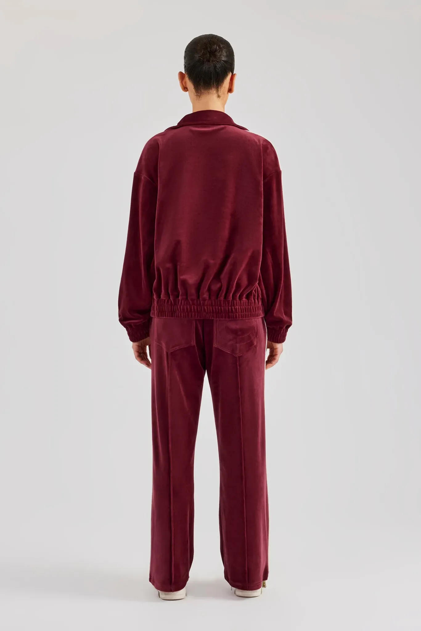 Women CLO-SET Funnel Neck Taping Zip Through Velour Tracksuit - Burgundy