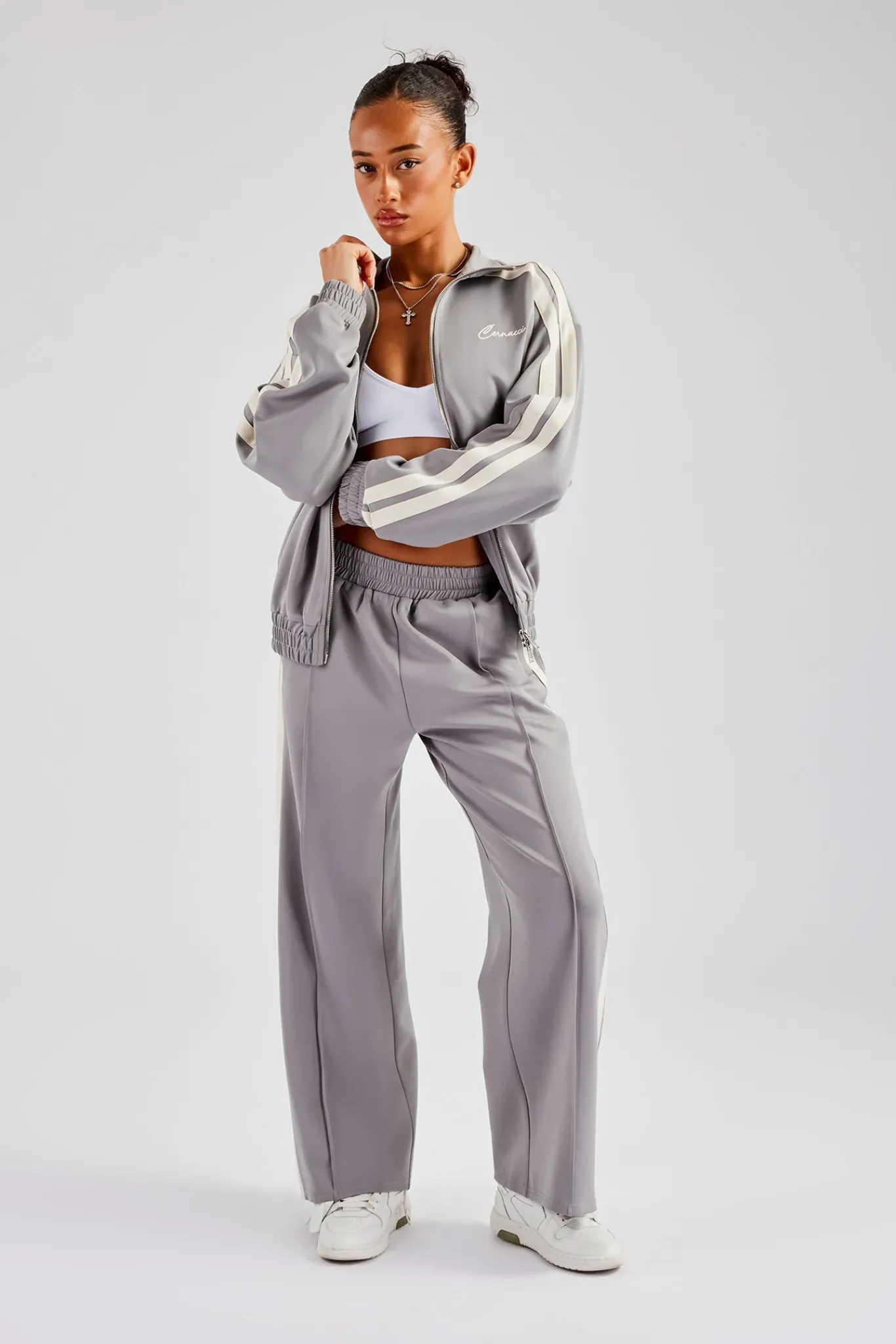 Women CLO-SET Funnel Neck Taping Zip Through Tracksuit - Grey
