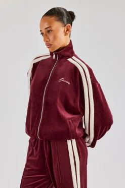 Women CLO-TOP-OUT Funnel Neck Taping Zip Through Velour Track Jacket - Burgundy