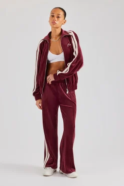 Women CLO-TOP-OUT Funnel Neck Taping Zip Through Velour Track Jacket - Burgundy