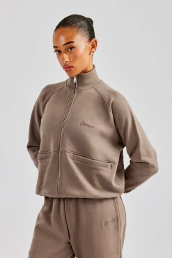 Women CLO-TOP-HS-SWE Funnel Neck Zip Through Sweat - Taupe
