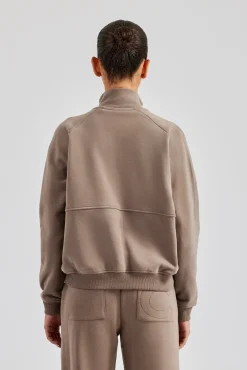 Women CLO-TOP-HS-SWE Funnel Neck Zip Through Sweat - Taupe