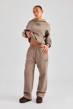 Women CLO-SET Glitter Applique Boxy Hooded Tracksuit  - Taupe