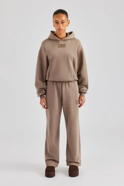 Women CLO-SET Glitter Applique Boxy Hooded Tracksuit  - Taupe