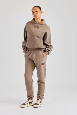 Women CLO-SET Glitter Applique Boxy Hoodie & Cuffed Jogger - Taupe