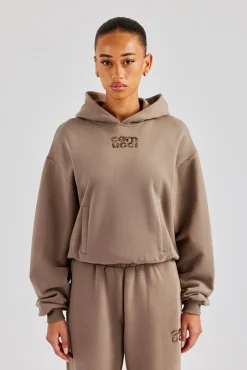 Women CLO-TOP-HS-HOOD Glitter Applique Boxy Hoodie - Taupe