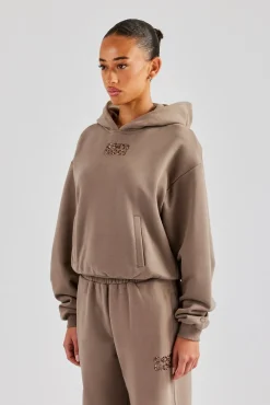 Women CLO-TOP-HS-HOOD Glitter Applique Boxy Hoodie - Taupe