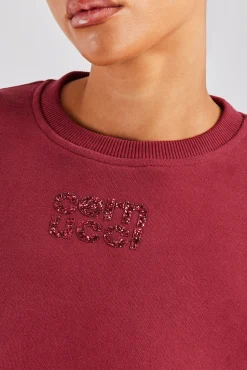 Women CLO-TOP-HS-SWE Glitter Applique Cropped Sweatshirt - Cherry Red