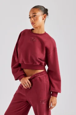 Women CLO-TOP-HS-SWE Glitter Applique Cropped Sweatshirt - Cherry Red