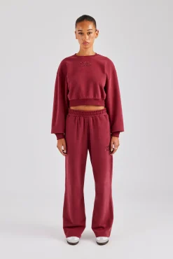 Women CLO-SET Glitter Applique Cropped Sweatshirt Tracksuit - Cherry Red