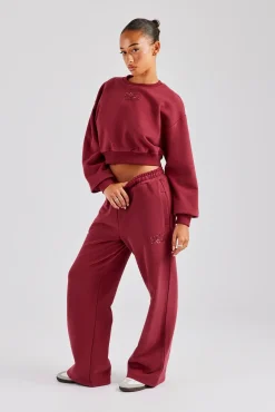 Women CLO-SET Glitter Applique Cropped Sweatshirt Tracksuit - Cherry Red