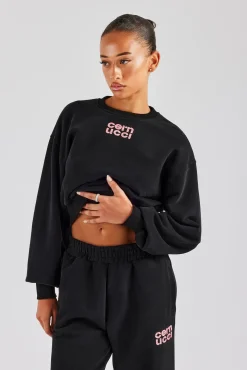 Women CLO-TOP-HS-SWE Glitter Applique Cropped Sweatshirt - Black