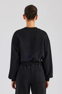 Women CLO-TOP-HS-SWE Glitter Applique Cropped Sweatshirt - Black