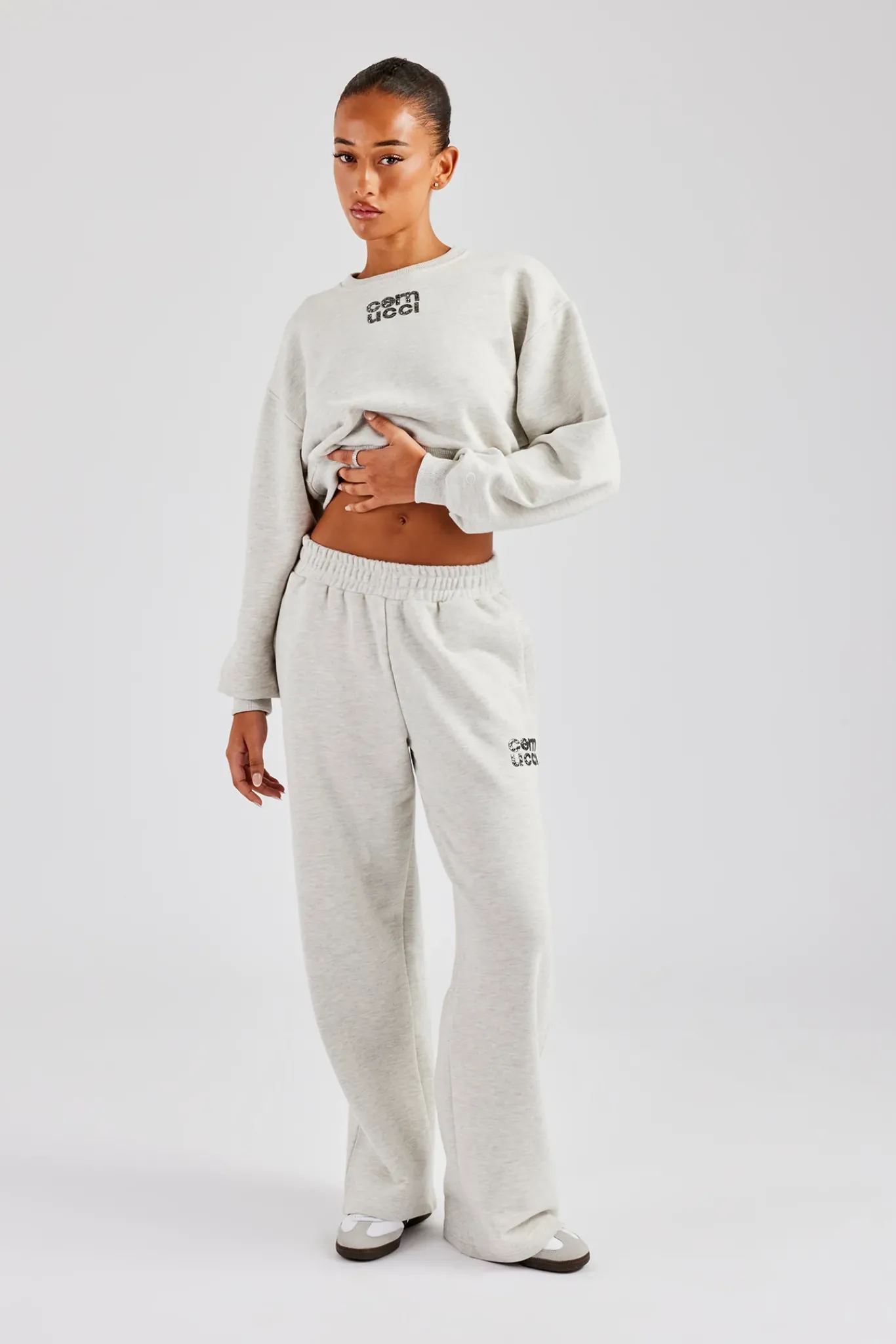 Women CLO-SET Glitter Applique Cropped Sweatshirt Tracksuit - Grey Marl