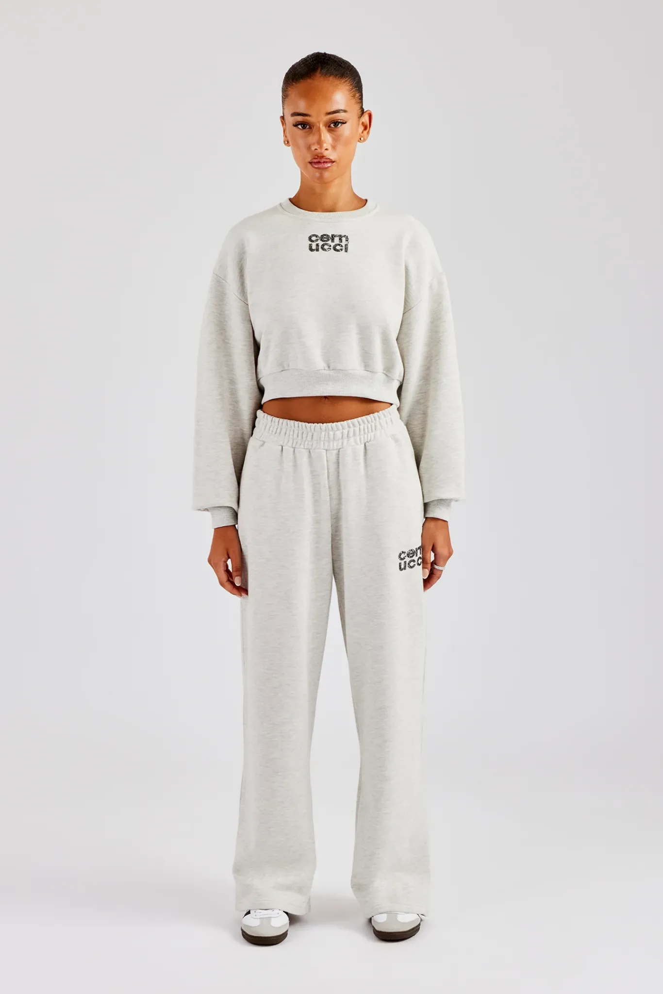 Women CLO-SET Glitter Applique Cropped Sweatshirt Tracksuit - Grey Marl
