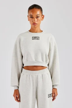 Women CLO-TOP-HS-SWE Glitter Applique Cropped Sweatshirt - Ash Grey