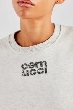 Women CLO-TOP-HS-SWE Glitter Applique Cropped Sweatshirt - Ash Grey