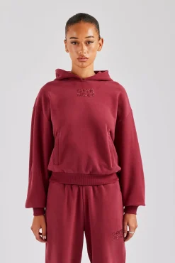Women CLO-TOP-HS-HOOD Glitter Applique Oversized Hoodie - Cherry Red