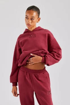 Women CLO-TOP-HS-HOOD Glitter Applique Oversized Hoodie - Cherry Red