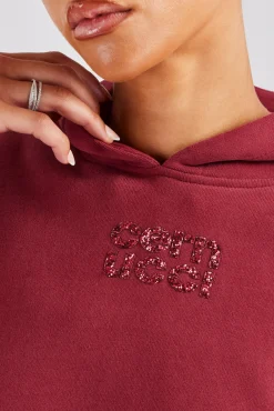 Women CLO-TOP-HS-HOOD Glitter Applique Oversized Hoodie - Cherry Red