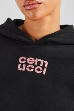 Women CLO-TOP-HS-HOOD Glitter Applique Oversized Hoodie - Black