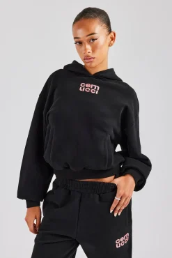 Women CLO-TOP-HS-HOOD Glitter Applique Oversized Hoodie - Black