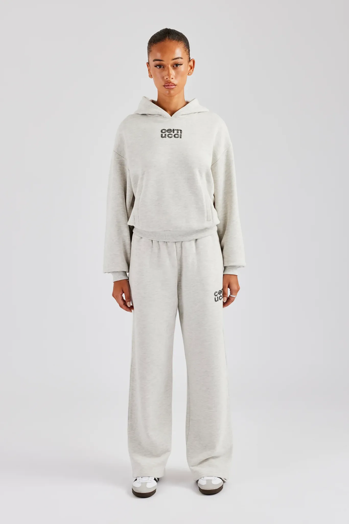 Women CLO-SET Glitter Applique Oversized Hooded Tracksuit - Ash Grey