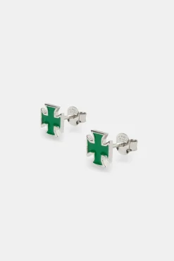 JWL-EAR Green Enamel Polished Cross Stud Earrings - 8mm
