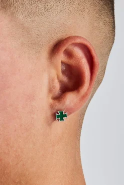 JWL-EAR Green Enamel Polished Cross Stud Earrings - 8mm