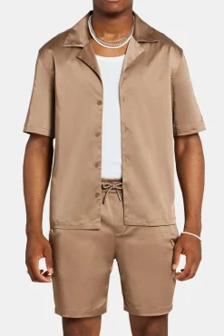 CLO-TOP-SHIR Heavyweight Boxy Fit Satin Shirt - Coffee