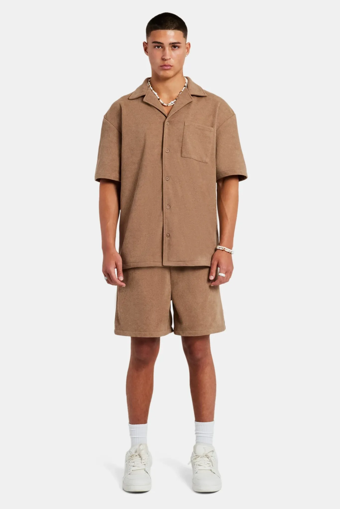CLO-SET Heavyweight Textured Shirt & Short Set - Mocha
